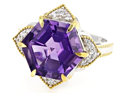 Pre-Owned Hexagon Canela Amethyst Rhodium and 18K Yellow Gold Over Silver Ring 5.28ctw