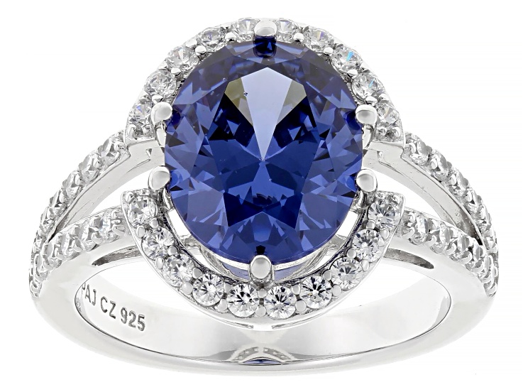 Pre-Owned Blue And White Cubic Zirconia Rhodium Over Sterling Silver Ring 5.97ctw