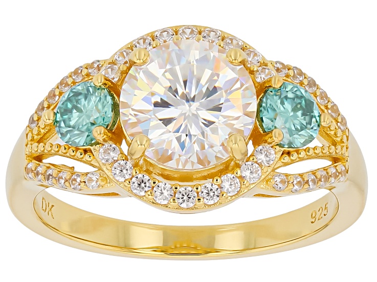 Pre-Owned Strontium Titanate With Green Moissanite Fire® & White Zircon 18K Yellow Gold Over Silver