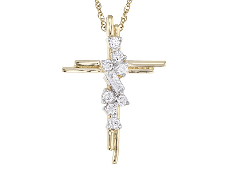Pre-Owned White Lab-Grown Diamond F-G SI 14k Yellow Gold Over Sterling Silver Cross Pendant With Cha