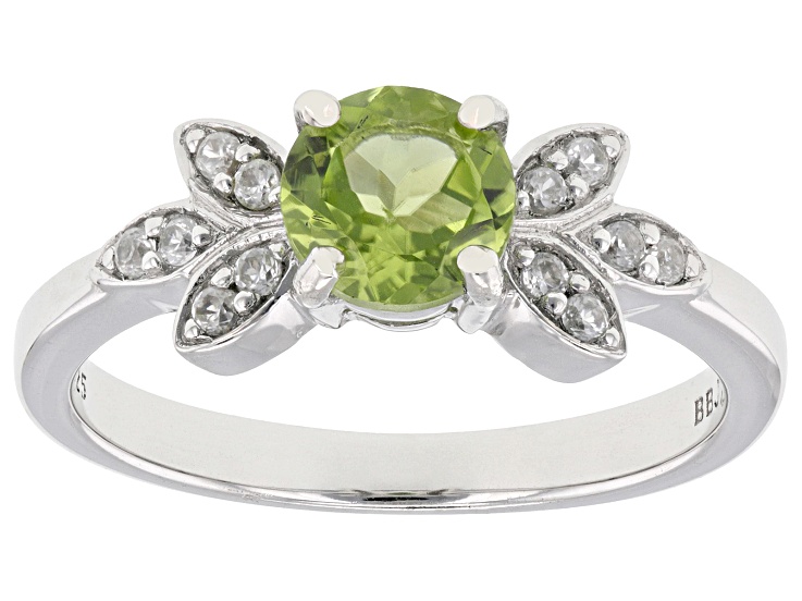 Pre-Owned Green Peridot with White Zircon Rhodium Over Sterling Silver Ring 0.93ctw