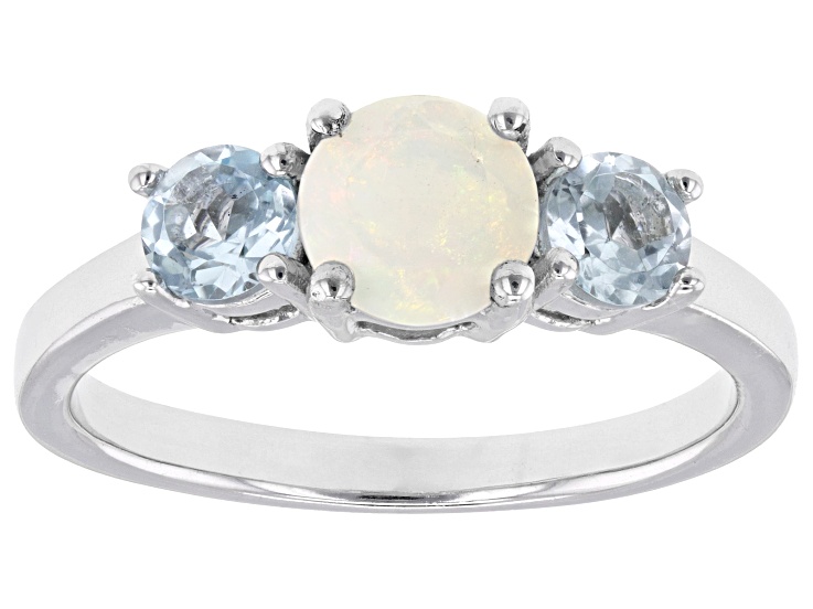 Pre-Owned White Ethiopian Opal with Sky Blue Topaz Rhodium Over Sterling Silver Ring 0.83ctw
