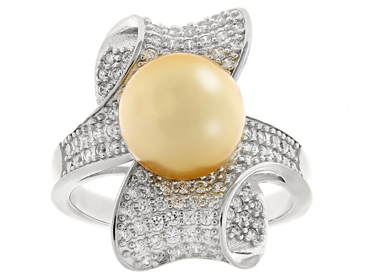 Pre-Owned Pearlfection® Golden South Sea Simulant And Cubic Zirconia Rhodium Over Sterling Silver Ri