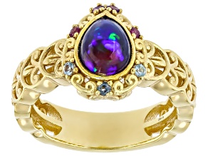 Pre-Owned Multi-Color Ethiopian Opal, Multi Gemstones 24k Gold Over Palladium Sterling Silver Ring 0