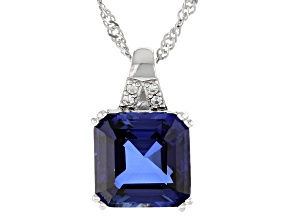 Pre-Owned Blue Lab Created Sapphire Rhodium Over Sterling Silver Pendant With Chain 4.92ctw