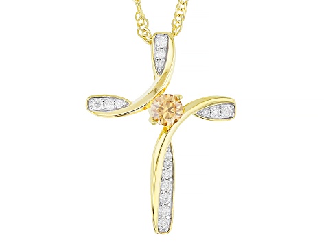 Pre-Owned Champagne And Colorless Moissanite 14k Yellow Gold Over Silver Cross Pendant .46ctw DEW