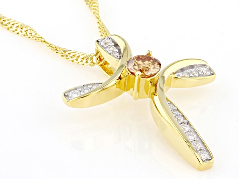 Pre-Owned Champagne And Colorless Moissanite 14k Yellow Gold Over Silver Cross Pendant .46ctw DEW