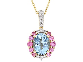 Pre-Owned Santa Maria Aquamarine With Pink Spinel And White Diamond 14k Yellow Gold Pendant And Chai