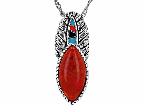 Pre-Owned Red Sponge Coral & Multi-Color Enamel Sterling Silver Pendant With 18" Chain, 18x9mm