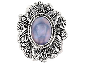 Pre-Owned Blue Cultured Mabe Pearl Sterling Silver Leaf & Dragonfly Ring 13x9mm