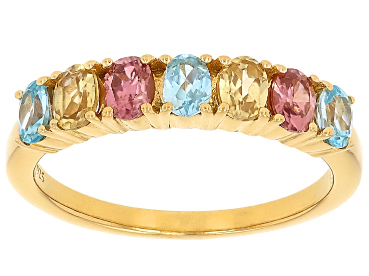 Pre-Owned Yellow, Blue and Blush Zircon 18K Yellow Gold Over Sterling Silver Band Ring 1.55ctw