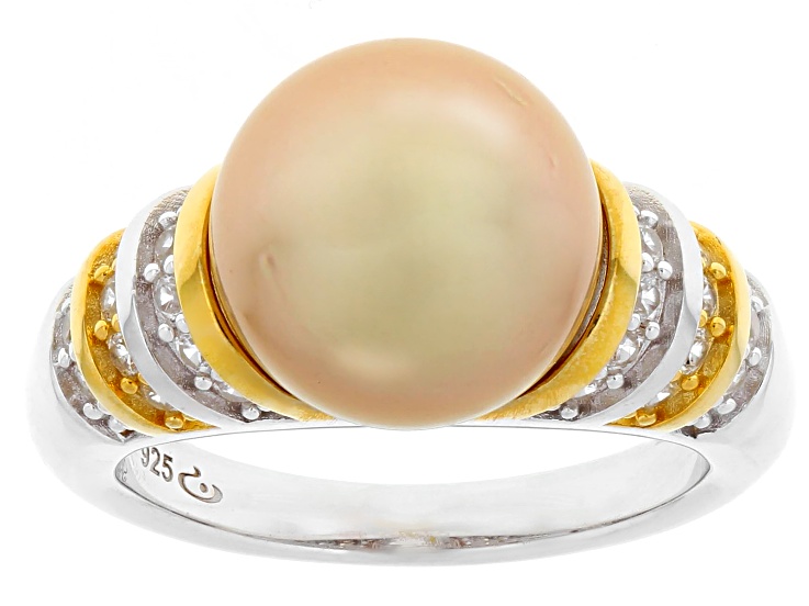 Pre-Owned Golden Cultured South Sea Pearl With Topaz 18k Gold & Rhodium Over Sterling Silver Two-Ton