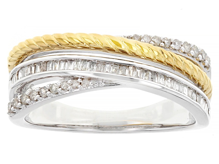 Pre-Owned White Diamond Rhodium & 14k Yellow Gold Over Sterling Silver Crossover Band Ring 0.35ctw