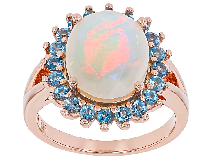 Pre-Owned Multi Color Ethiopian Opal with Ofiki Aquamarine 18K Rose Gold Over Sterling Silver Ring 2
