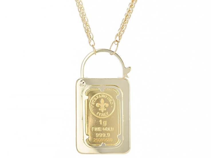 Pre-Owned 24k Yellow Gold 1g Padlock Ingot with 14k Gold Frame and 18" Spiga Necklace