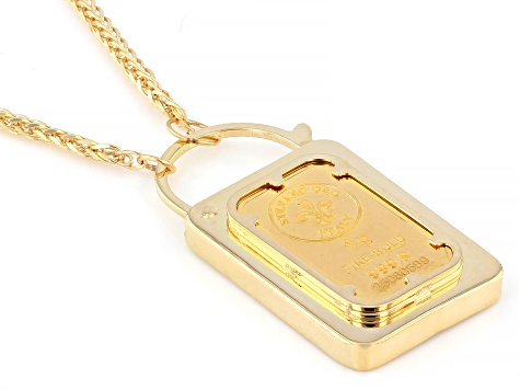 Pre-Owned 24k Yellow Gold 1g Padlock Ingot with 14k Gold Frame and 18" Spiga Necklace