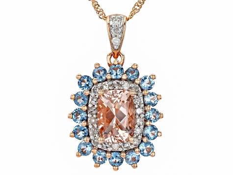Pre-Owned Peach Morganite, Santa Maria Aquamarine, White Diamond 10k Rose Gold Pendant With Chain 1.
