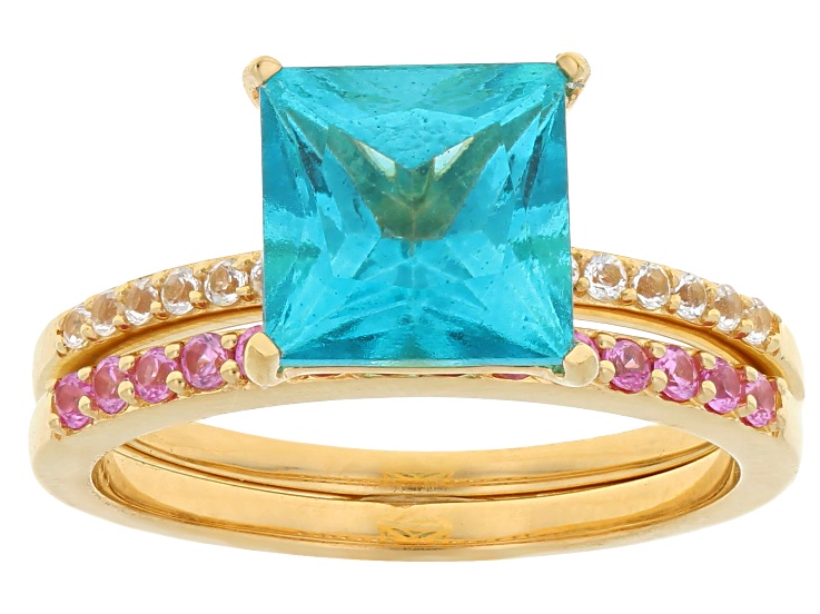 Pre-Owned Blue Paraiba Coated Topaz 18k Yellow Gold Over Silver Ring 3.37ctw