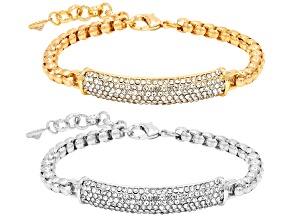 Pre-Owned White Crystal Gold & Silver Tone Box Chain Bracelet Set of 2