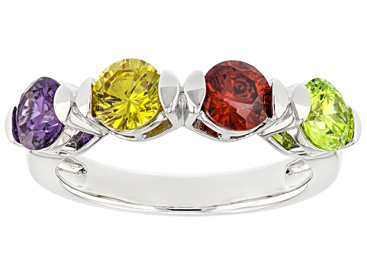 Pre-Owned Green, Red, Purple, And Orange Cubic Zirconia Rhodium Over Sterling Silver Ring 3.22ctw