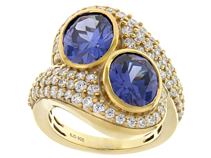 Pre-Owned Blue And White Cubic Zirconia 18k Yellow Gold Over Sterling Silver Ring 6.26ctw