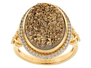 Pre-Owned Golden Drusy Quartz 18K Yellow Gold Over Sterling Silver Halo Ring 4.50ctw