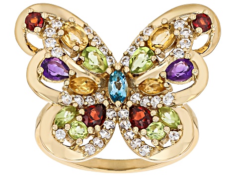 Pre-Owned Multi-Gem 18K Yellow Gold Over Sterling Silver Butterfly Ring 2.40ctw