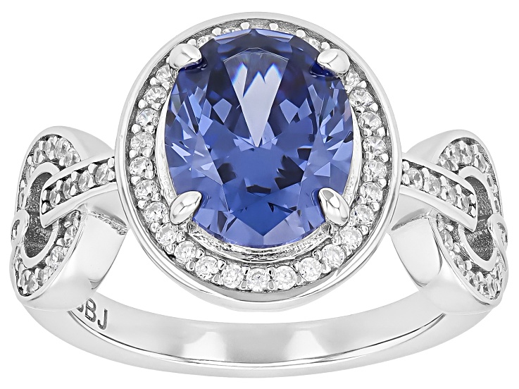 Pre-Owned Blue And White Cubic Zirconia Rhodium Over Sterling Silver Ring 5.78ctw
