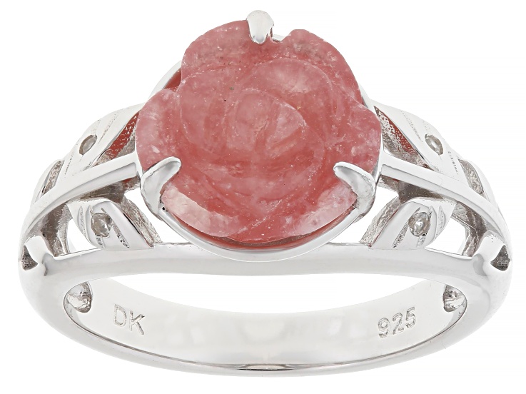 Pre-Owned 10mm Pink Rhodochrosite Rhodium Over Sterling Silver Carved Flower Ring 0.03ctw