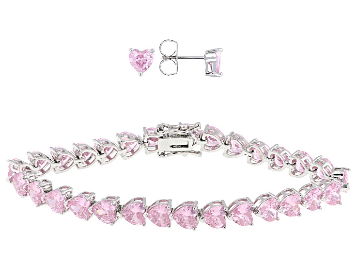 Pre-Owned Pink Cubic Zirconia Rhodium Over Brass Heart Jewelry Set 34.88ctw