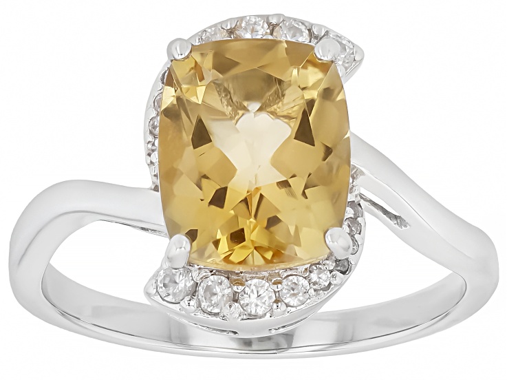 Pre-Owned Yellow Citrine And White Zircon Rhodium Over Sterling Silver Ring 2.70ctw