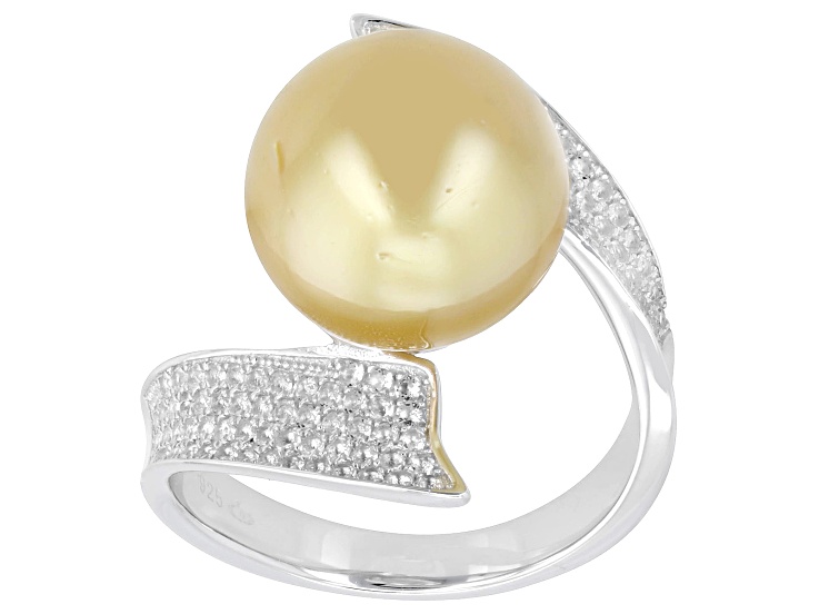 Pre-Owned Golden Cultured South Sea Pearl With White Topaz Rhodium Over Sterling Silver Ring 0.85ctw