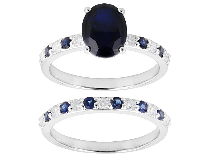 Pre-Owned Blue Lab Created Sapphire with White Moissanite Rhodium Over Sterling Silver Ring 2.70ctw