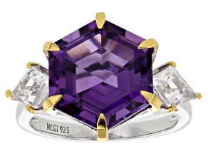 Pre-Owned Hexagon Purple Canela Amethyst with Lab Sapphire Rhodium & 18K Yellow Gold Over Silver Rin