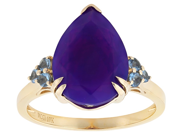 Pre-Owned Purple Ethiopian Opal with Blue Ofiki Aquamarine 10k Yellow Gold Ring 4.21ctw