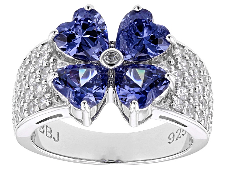 Pre-Owned Blue And White Cubic Zirconia Rhodium Over Sterling Silver Flower Ring 7.18ctw