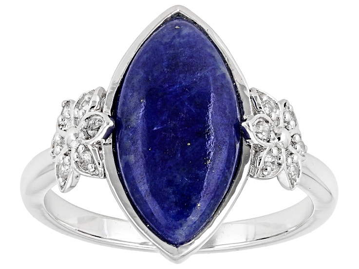 Pre-Owned Blue Lapis lazuli with White Zircon Rhodium Over Sterling Silver Ring 0.30ctw