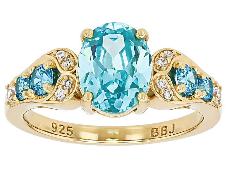 Pre-Owned Blue And White Cubic Zirconia 18k Yellow Gold Over Sterling Silver Ring 3.35ctw