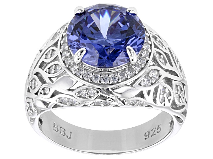 Pre-Owned Blue And White Cubic Zirconia Rhodium Over Sterling Silver Ring 8.36ctw