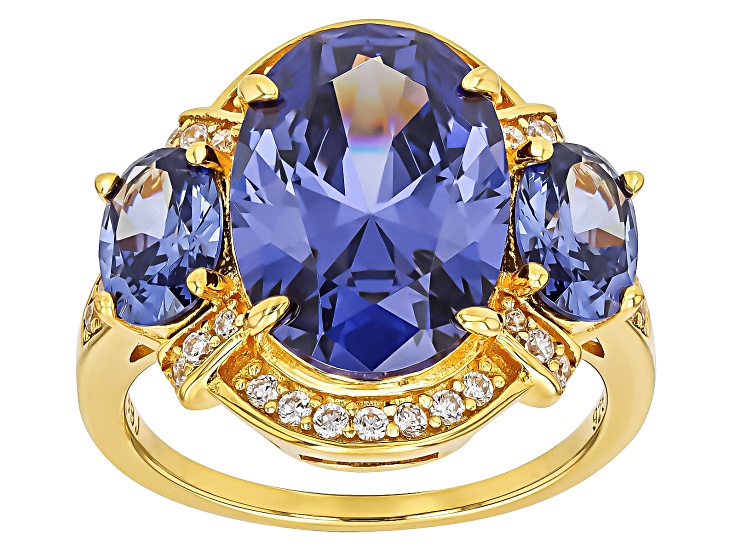 Pre-Owned Blue And White Cubic Zirconia 18k Yellow Gold Over Sterling Silver Ring 14.28ctw
