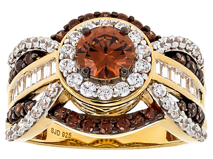 Pre-Owned Mocha And White Cubic Zirconia 18k Yellow Gold Over Sterling Silver Ring 3.15ctw