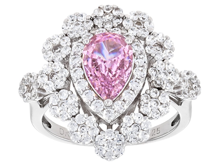Pre-Owned Pink And White Cubic Zirconia Rhodium Over Sterling Silver Ice Flower Cut Ring 4.07ctw