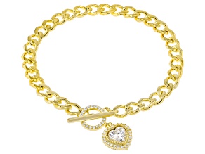 Pre-Owned White Cubic Zirconia 18k Yellow Gold Over Sterling Silver Heart Curb Link Bracelet 1.63ctw