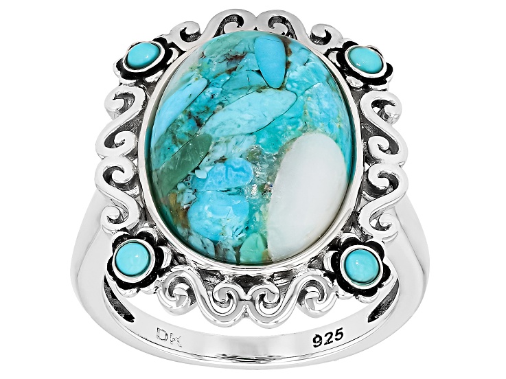 Pre-Owned Blended Blue Composite Turquoise With White Mother-of-Pearl Rhodium Over Sterling Silver R