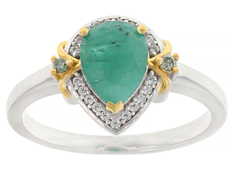 Pre-Owned Green Zambian Emerald Rhodium and 18K Yellow Gold Over Sterling Silver Ring 0.96ctw
