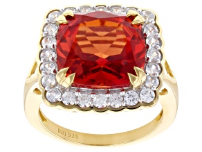 Pre-Owned Orange Lab Created Padparadscha Sapphire With White Zircon 18k Yellow Gold Over Silver Rin