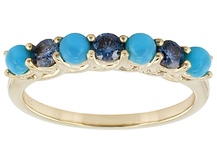 Pre-Owned Blue Sleeping Beauty Turquoise with Moissanite 18K Yellow Gold Over Sterling Silver Ring 0