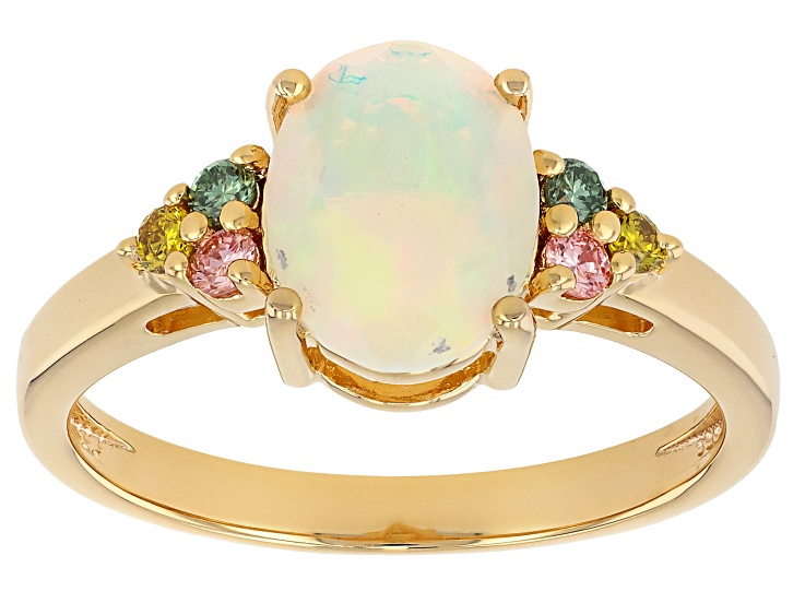 Pre-Owned White Ethiopian Opal With Prazana® Lab Grown Diamonds 18k Yellow Gold Over Silver Ring 1.1