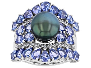 Pre-Owned Black Cultured Tahitian Pearl with Blue Tanzanite and White Zircon Rhodium Over Silver Rin