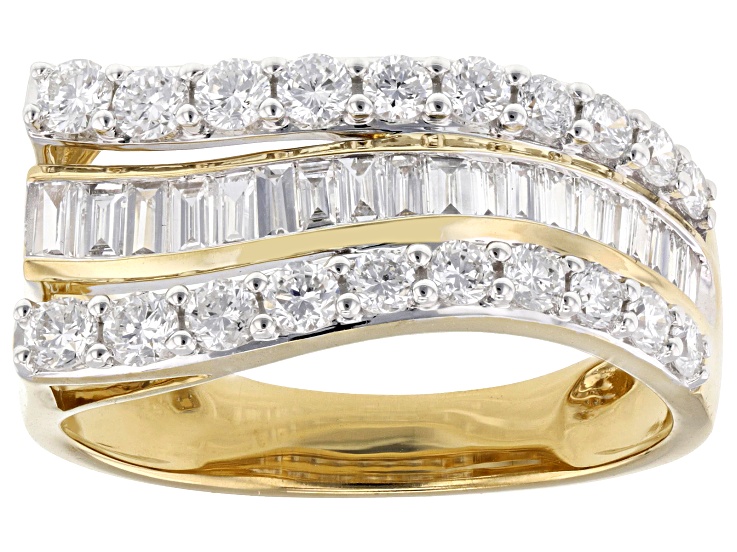 Pre-Owned Round and Baguette White Lab-Grown Diamond F-G SI 14k Yellow Gold Over Silver Band Ring 1.